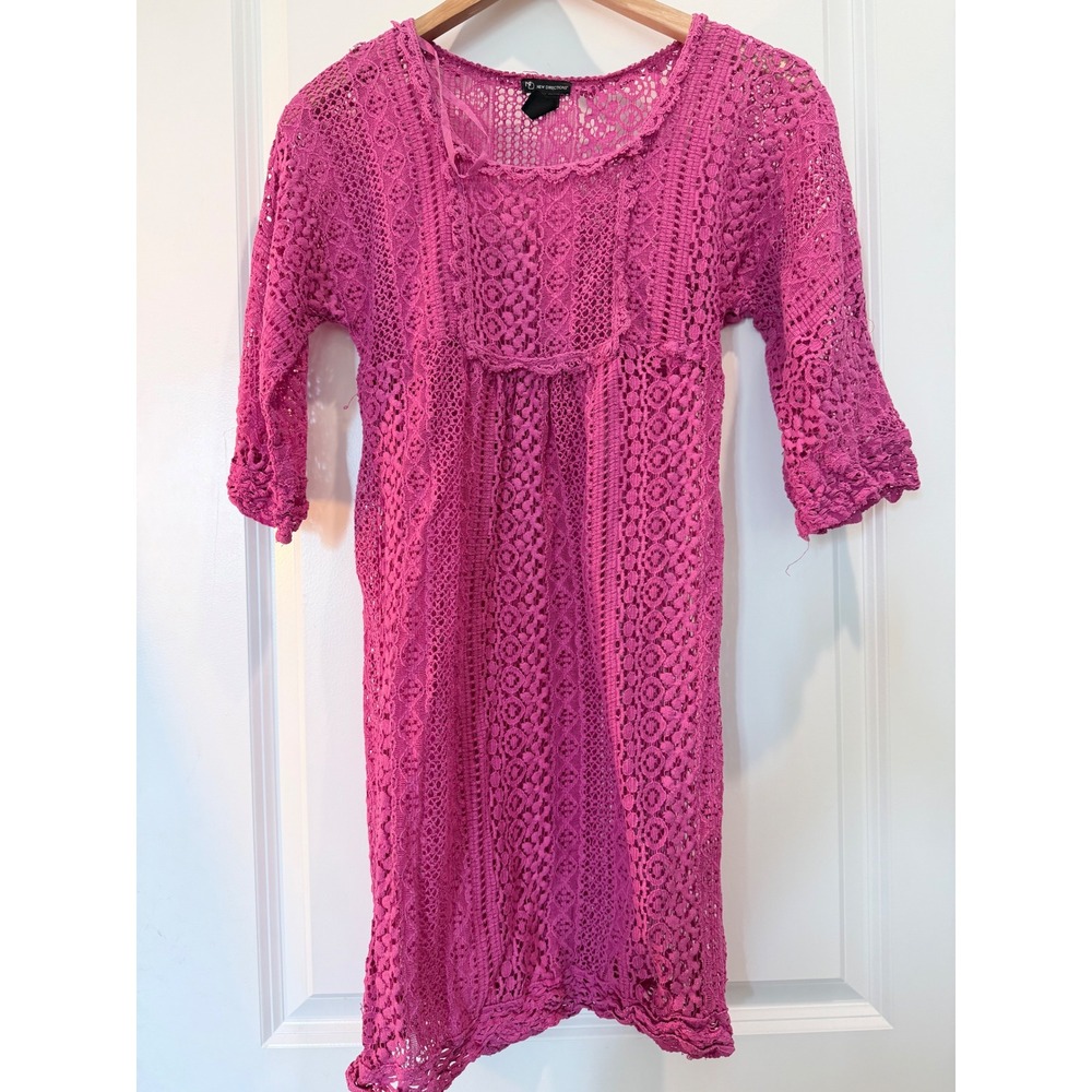 New Directions Pink Crochet Lace Dress 3/4 Sleeve Boho Tunic Size 4